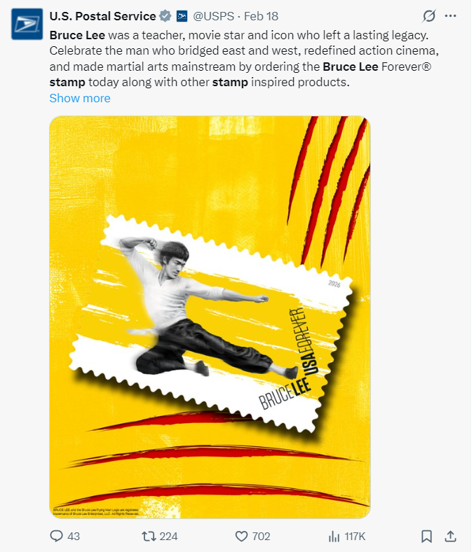 李小龙一脚踢进美国邮史 纪念邮票开卖 华人抢购